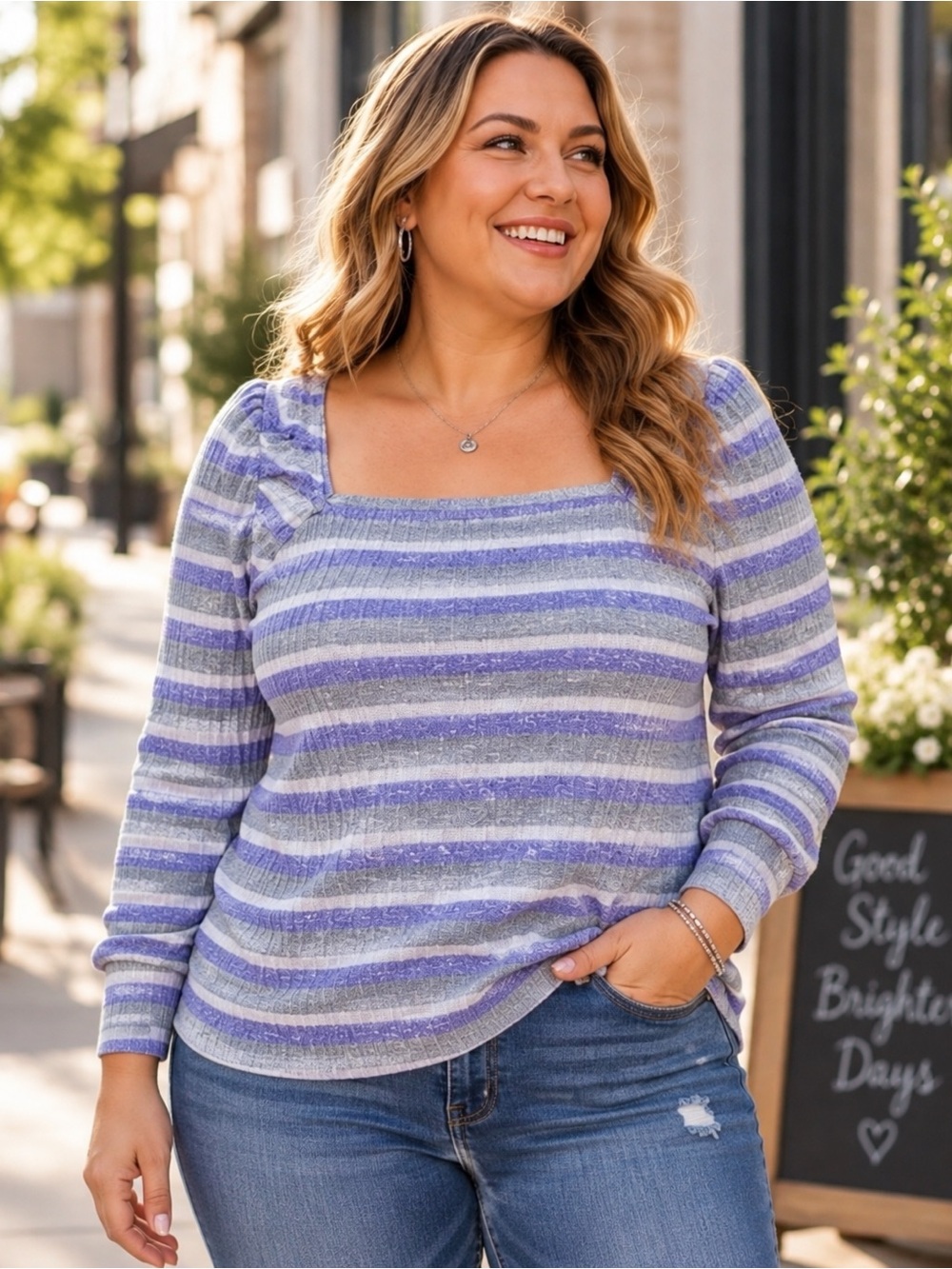 Lane Bryant 18/20 Lavender Gray Stripe Square Neck Sweater Plus